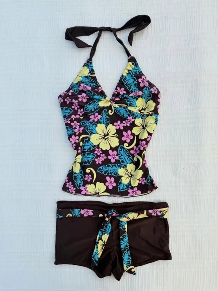 Summer Women Hawaiian Tropical Beach Hibiscus Print Tummy Control Ruched Shorts 2 Piece Halter V Neck Cross Back Tankini Swimwea
