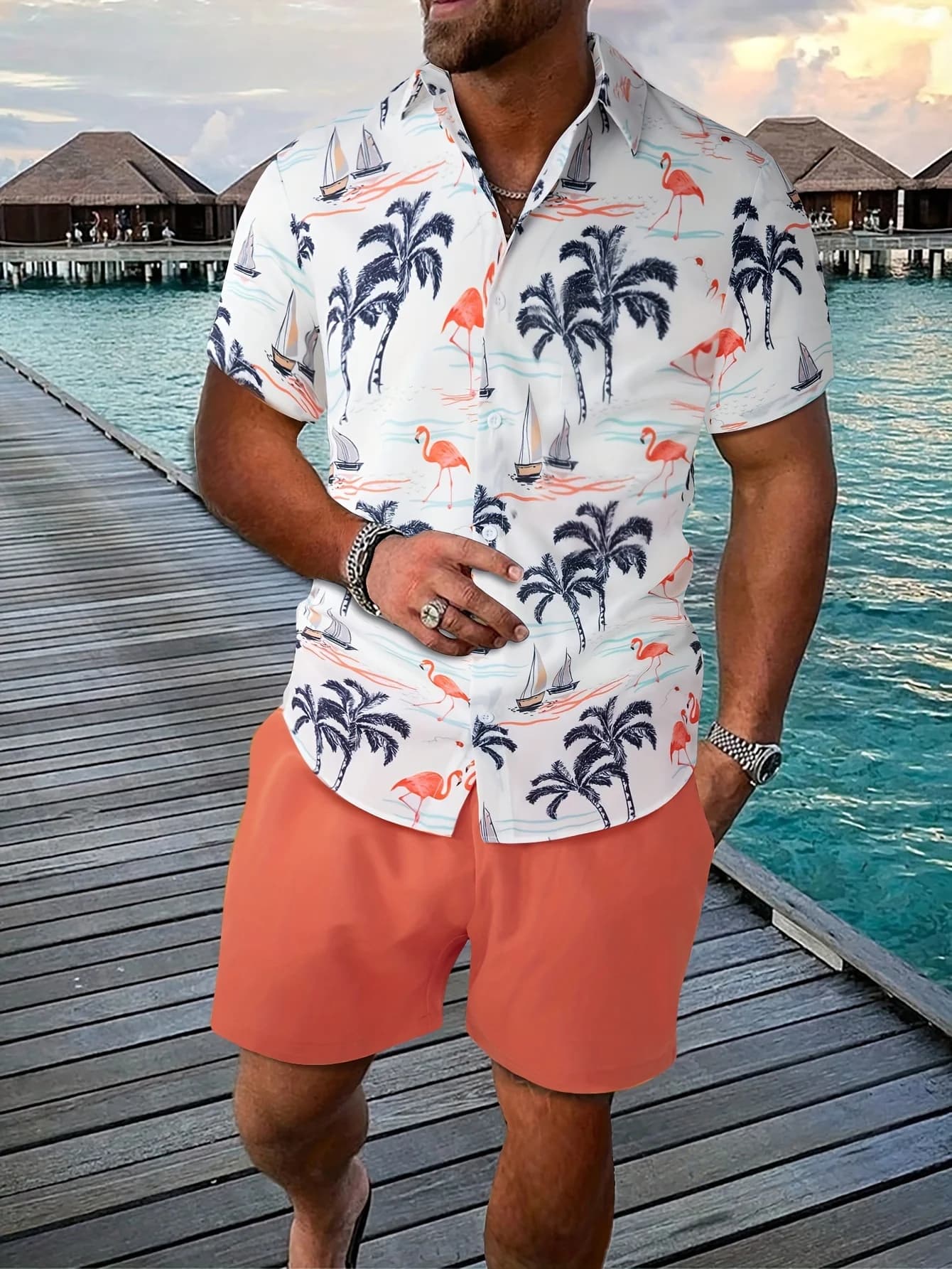 Men's Hawaiian 2-Piece Set Palm Flamingo Sailboat Print chic Shirt Shorts Holiday Beach Summer Outfit