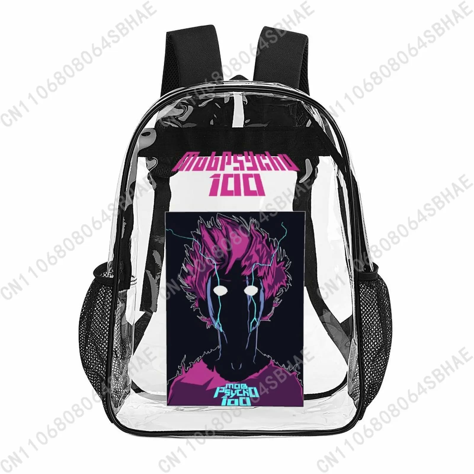 Mob Psycho 100 Zaino trasparente alla moda da 17 pollici per ragazze e ragazzi adolescenti, borsa da scuola trasparente con nome personalizzato, regali fantastici in PVC