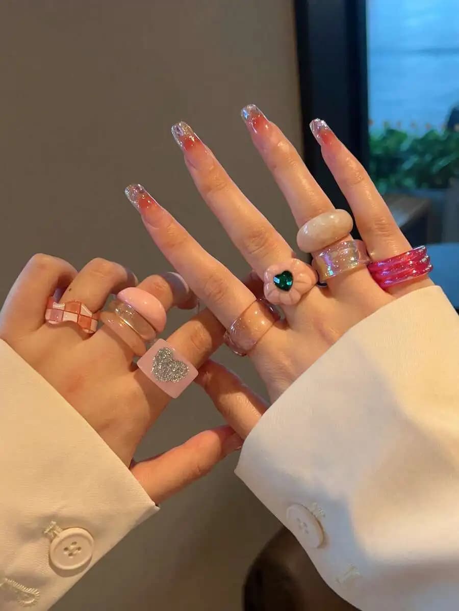 10 anelli regolabili impilabili con fascia larga e strass a forma di fiore rosa per gioielli da donna alla moda
