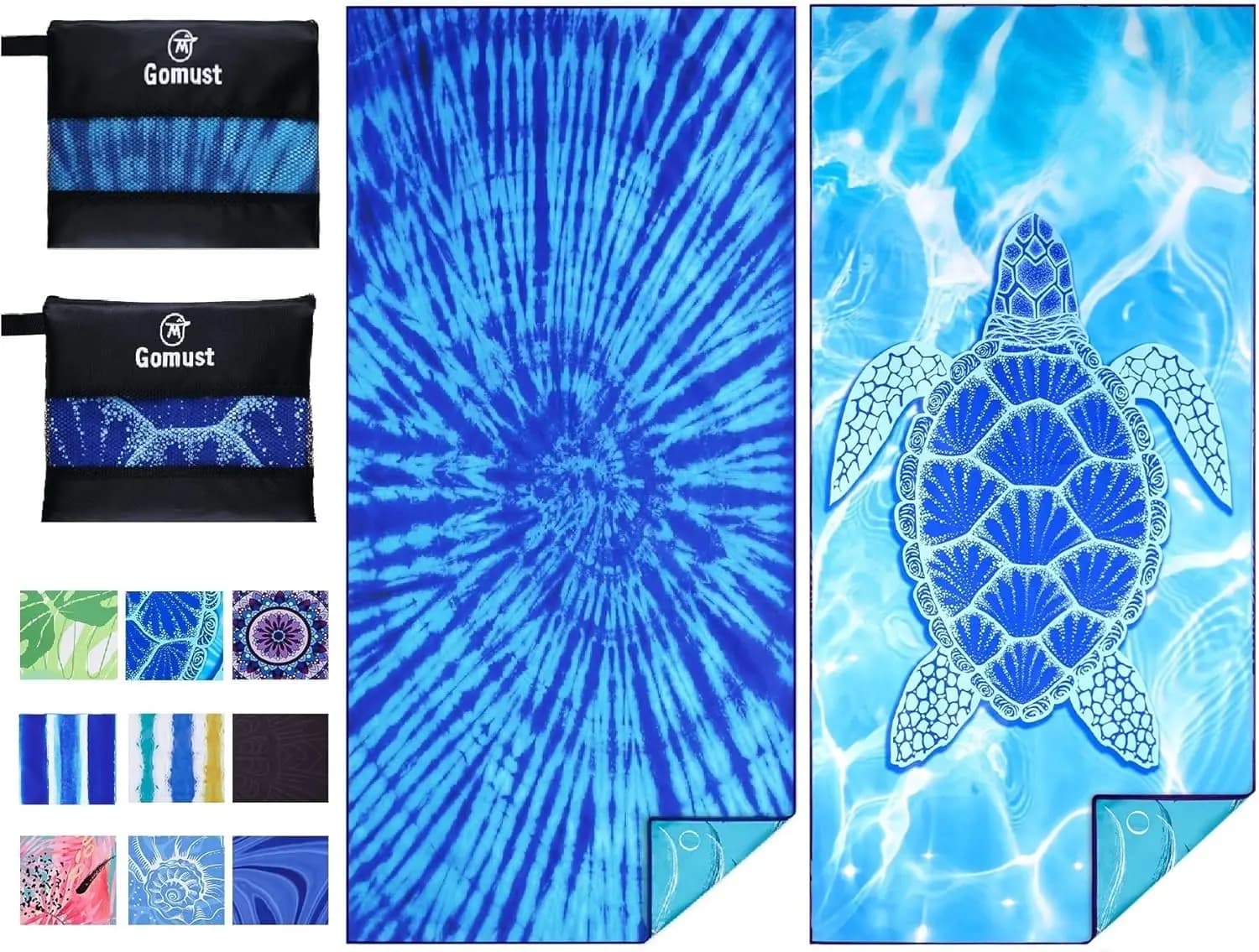 Set di 2 Asciugamani da Spiaggia Leggeri e Sottili, Extra Large 71x32, in Microfibra ad Asciugatura Rapida, per Viaggi e Campeggio, Blu Tie Dye
