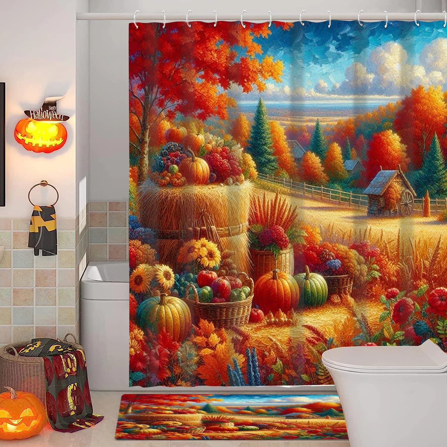 Raccolta del Ringraziamento modello di zucca d'acero Tenda da doccia per bagno con 12 ganci arredamento e accessori per il bagno