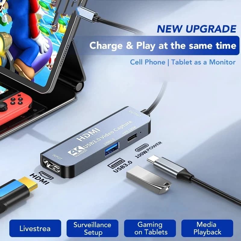 USB C HDMI 4K video capture card with PD 100W Type-C charging for mobiles, Switch, VR and live streaming