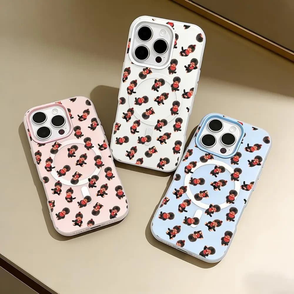 Custodia per telefono magnetica in gel 2-in-1 antiurto color caramella, compatibile con tutti i modelli di iPhone. P- Monchhichi