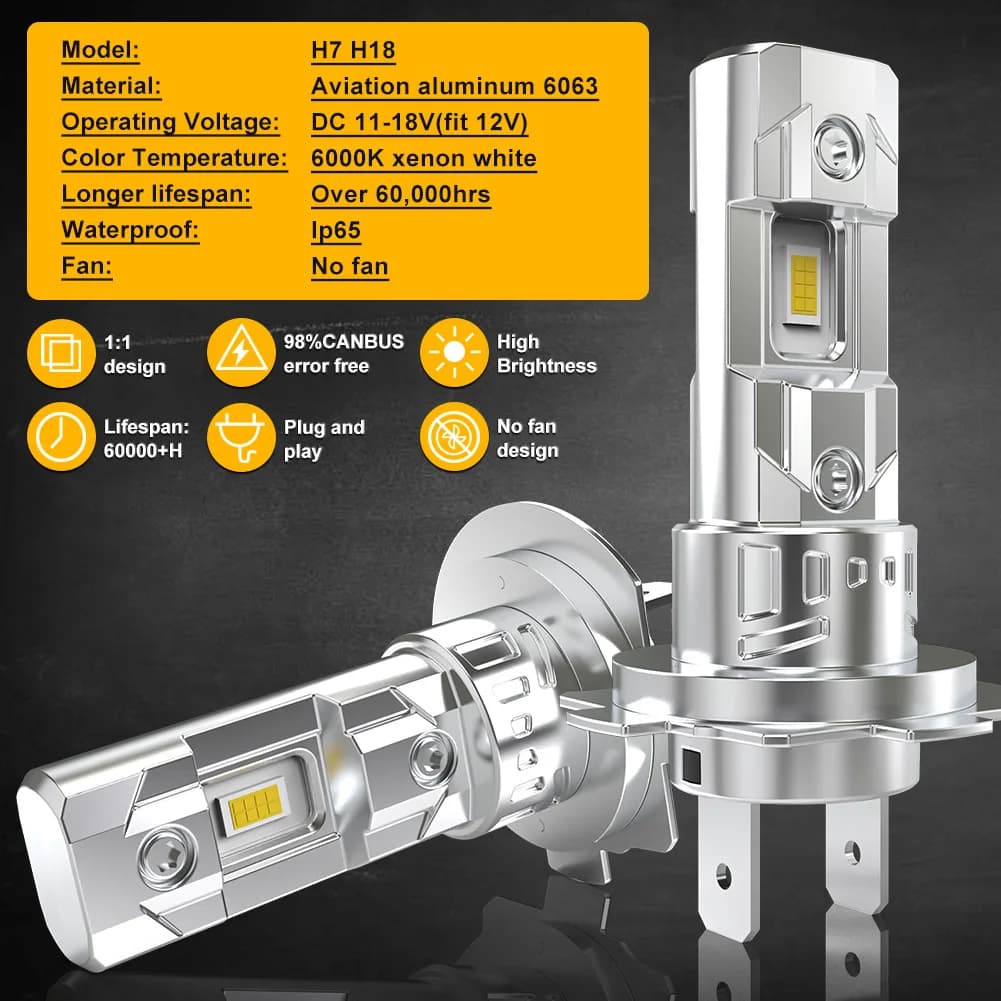 Katur 2 pezzi H7 sottile lampadina per fari a LED senza ventola 6500K super luminoso 12V wireless H7 CSP LED faro per auto per VW Passat Ford Toyota