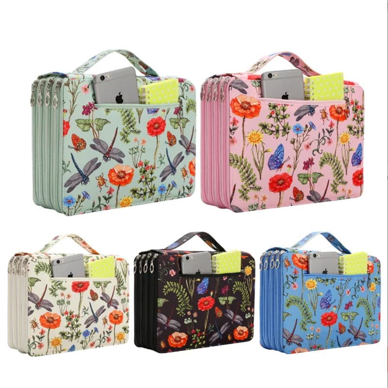 Astuccio vibrante con libellula e floreale: design a 200/250/300 fori, sacchetto di stoccaggio in tessuto resistente, adatto per matite, pennarelli, forbici, organizer portatile per forniture artistiche per ufficio, decorazione libellula, stoccaggio di materiali artistici, struttura robusta, scrivania pulita e pulita