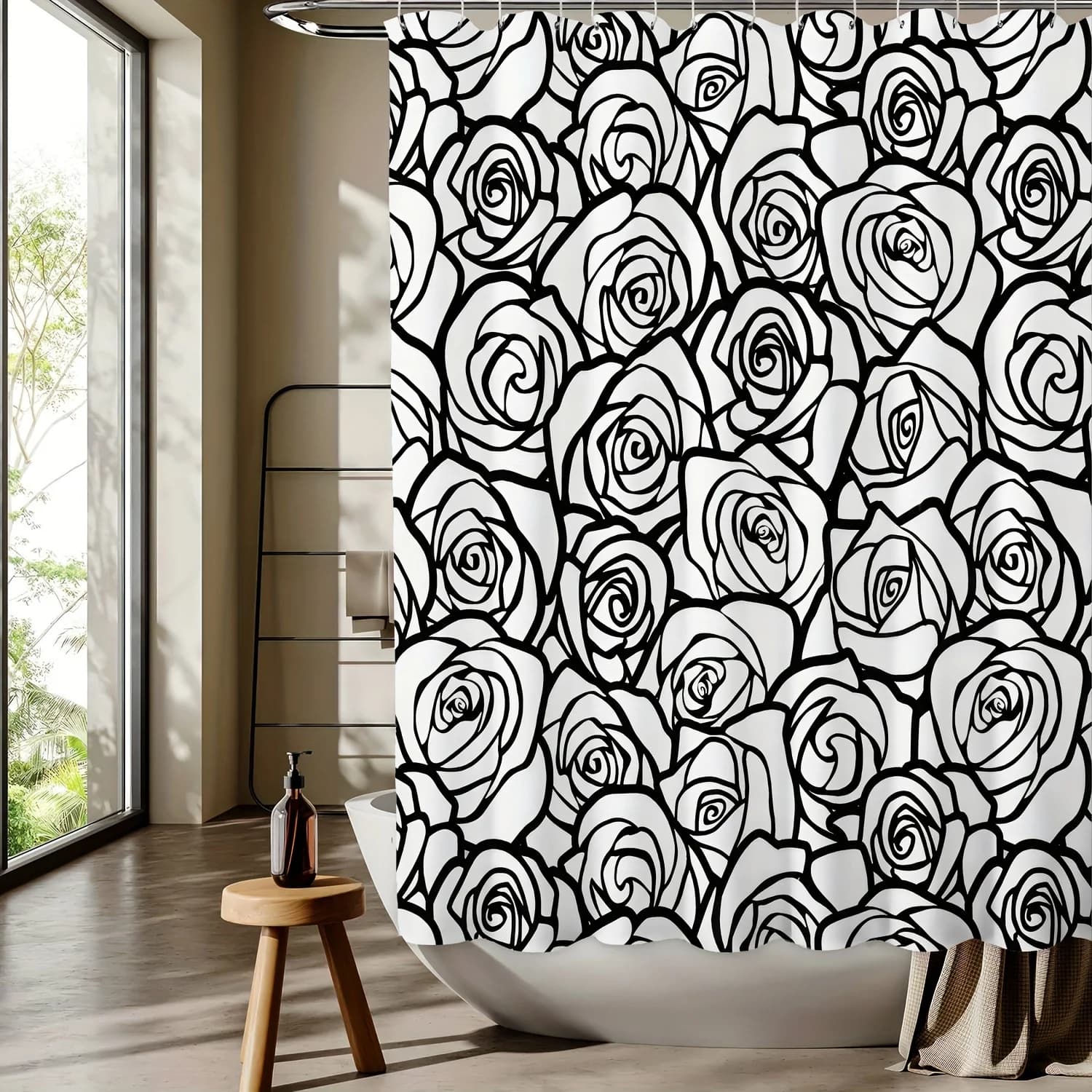 Tenda da doccia con stampa digitale con motivo rosa in bianco e nero - Lavabile in lavatrice, poliestere reversibile, arredamento per bagno/casa per tutte le stagioni