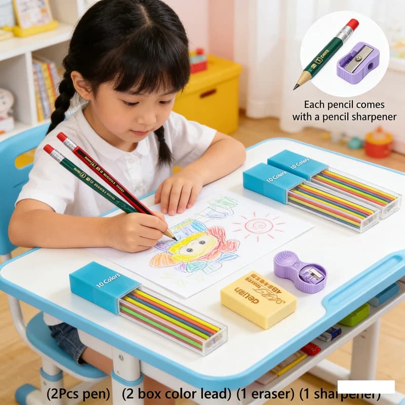 2.0mm Mechanical Pencils Set, 2B Automatic Student Pencils with Sharpener & Color Leads, Stationery for School Writing, Drawing