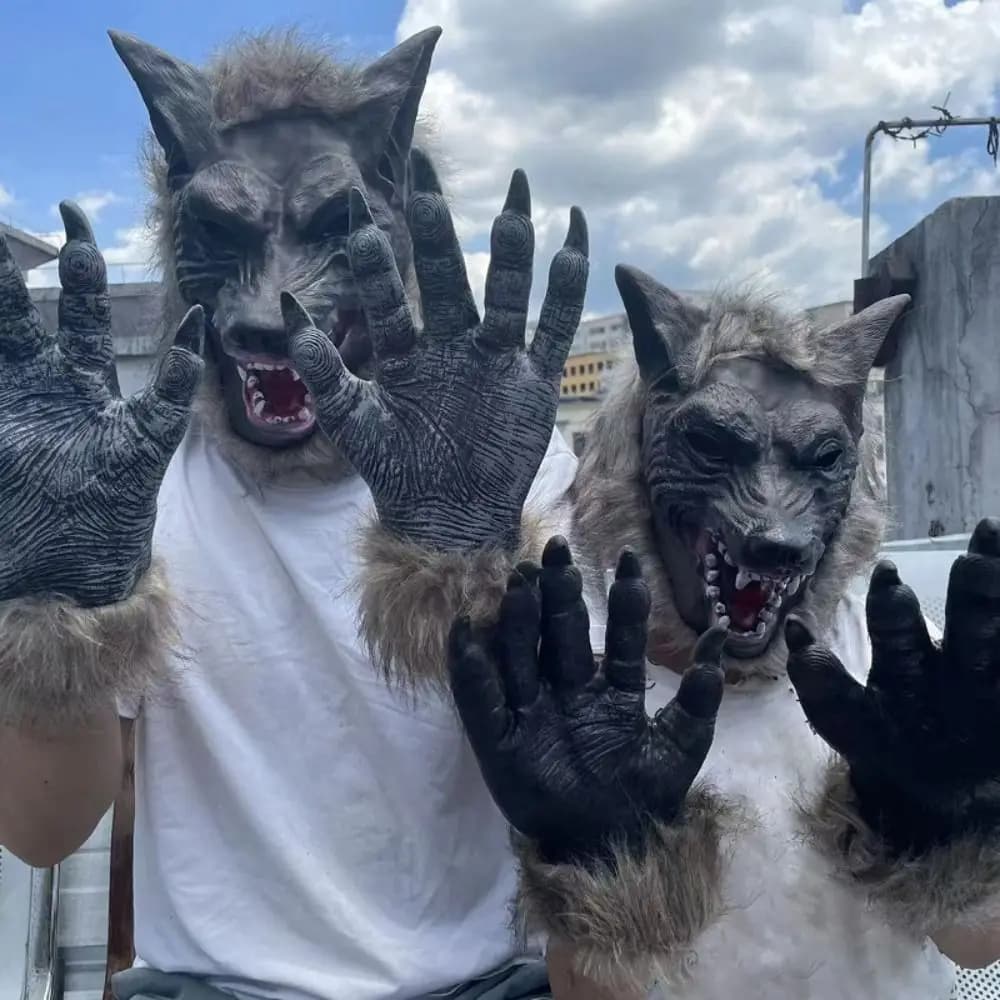 Divertenti guanti da lupo mannaro di Halloween in lattice, capelli artificiali in gomma, testa di lupo, decorazioni vivaci e spaventose per feste