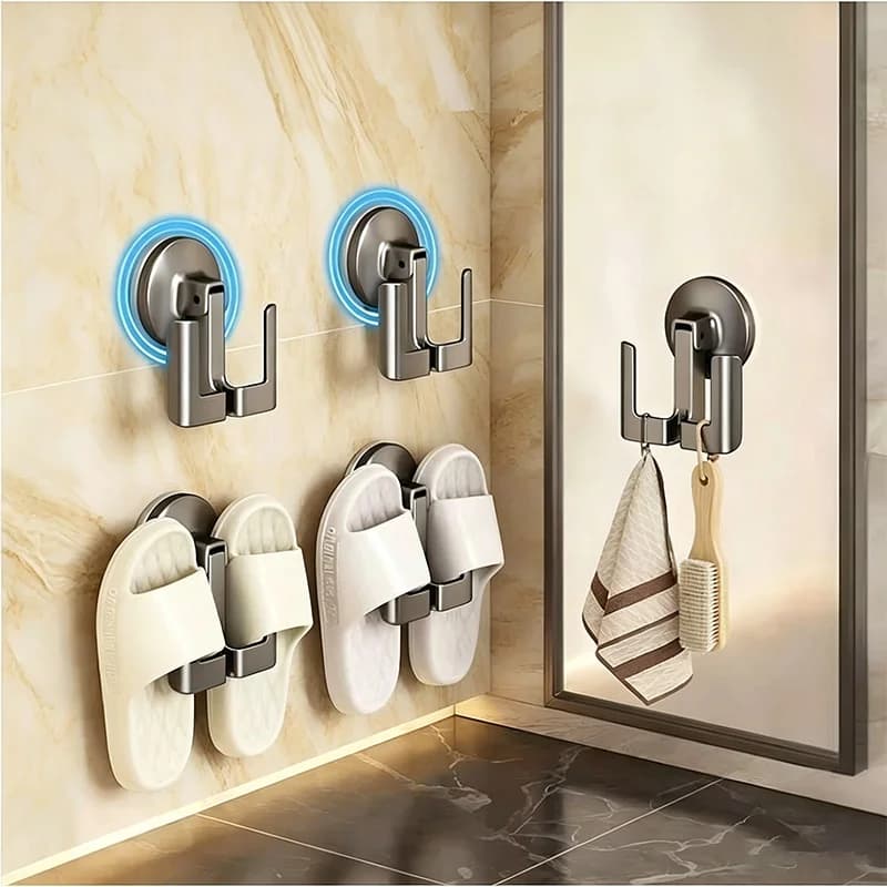 No-Drill Suction Cup Wall Mount Aluminum Bathroom Slipper Rack with Hooks Bathroom Rack