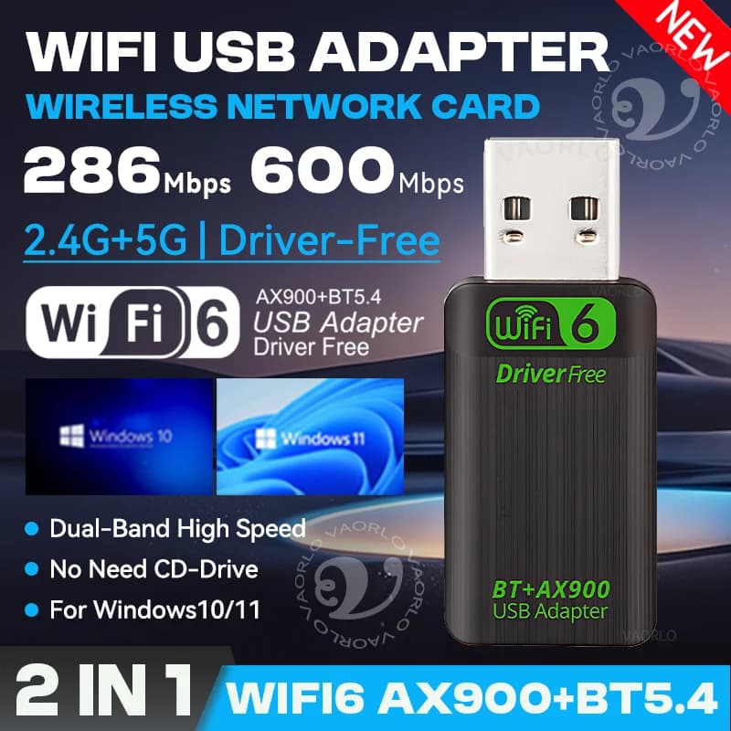 AX900 USB WiFi6 Bluetooth 5.4 Adattatore 2in1 Dongle Dual Band 2.4G e 5G WiFi Scheda di rete Ricevitore wireless per Win10/11 DRIVER GRATUITO