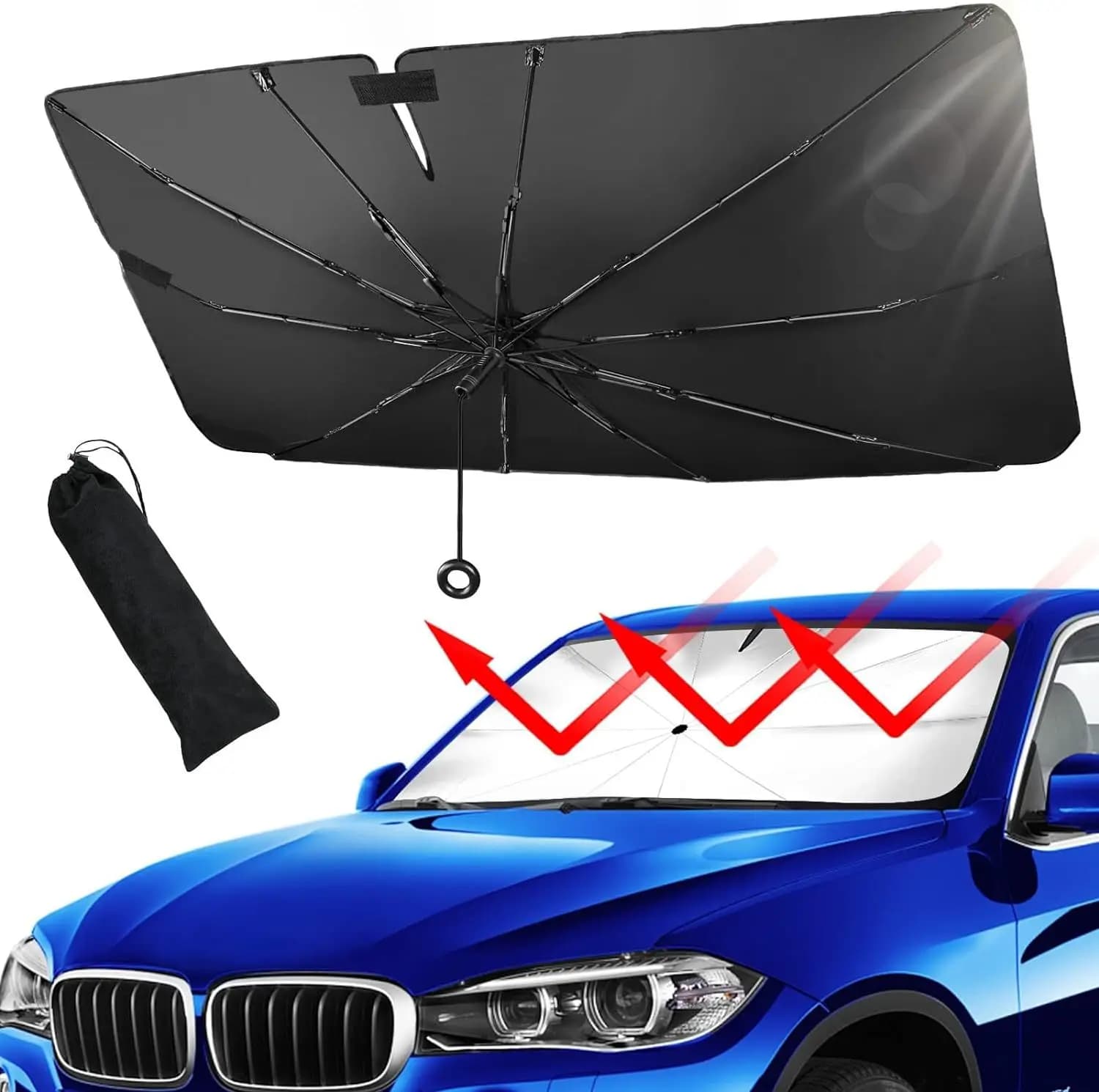 Parasole per parabrezza con 360 ° Maniglia antigraffio con cordino - Parasole aggiornato per parabrezza auto con tessuto a doppio strato