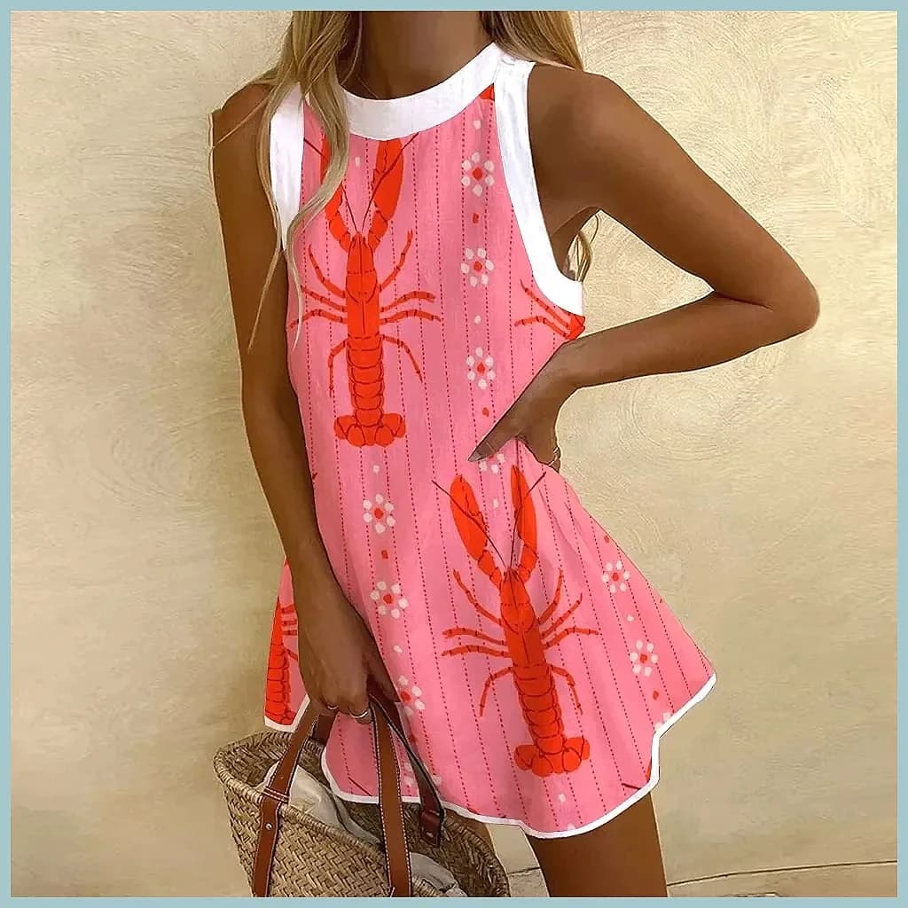 Sleeveless Dress with Ananas Print for Women - Casual Beach Dress and Summer Party