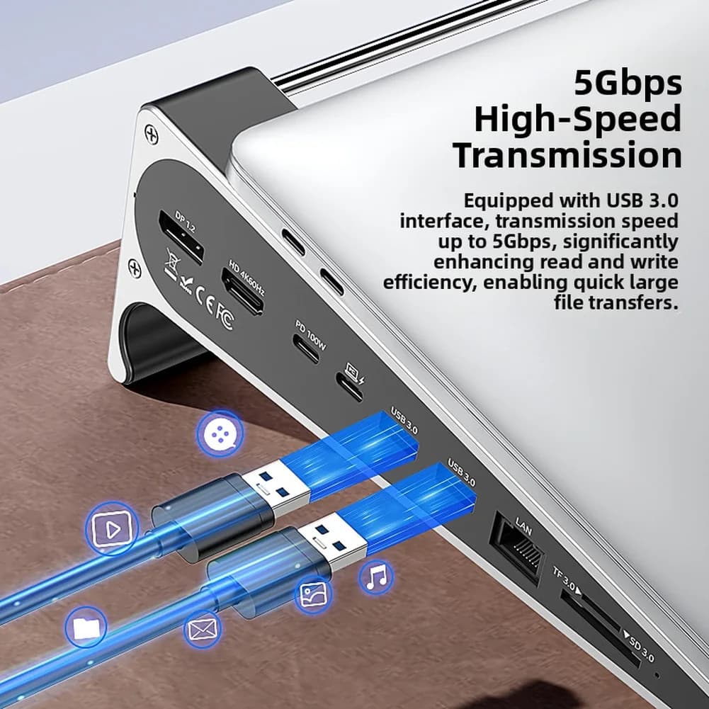 Supporto Ergonomico in Alluminio per Laptop con Raffreddamento Attivo, Doppia Uscita 4K 60Hz per Windows, 100W PD, USB3.0, Lettore di Schede