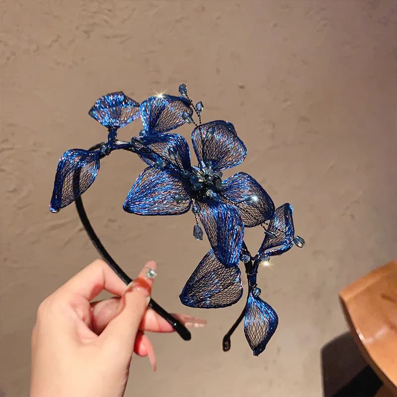 Vintage Soft Elegant High-End Crystal-Inlaid Metal Wire Flower Hairband Hairpin Fashion Personality Headband Hair Accessory