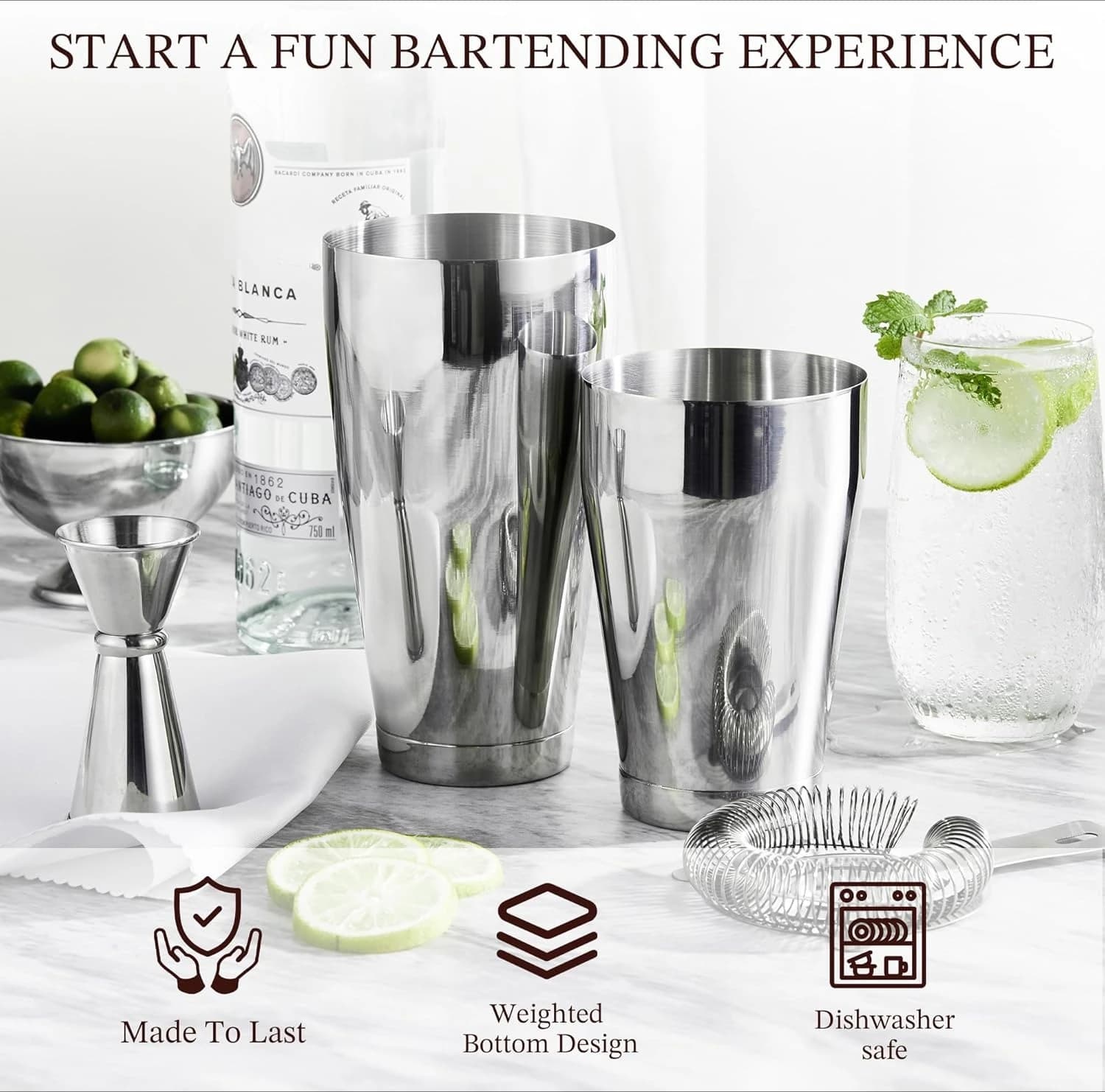 Set shaker per cocktail Boston, kit da barista professionale da 8 pezzi con miscelatore per bevande Martini in acciaio inossidabile, filtri Hawthorne, nuovo