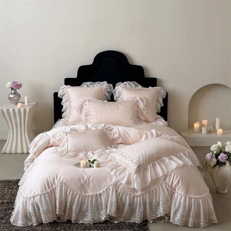 100S Egyptian Cotton Luxury Princess Wedding Bedding Set Chiffon Ruffle Lace Embroidery Duvet Cover Bed Sheet Pillowcases 4Pcs