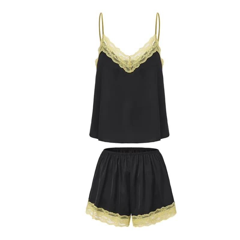 Top in pizzo con imbottiture sul petto e pantaloncini, set pigiama casual in stile Pure Desire, set di pantaloncini senza schienale con scollo a V profondo e senza maniche HOQJ