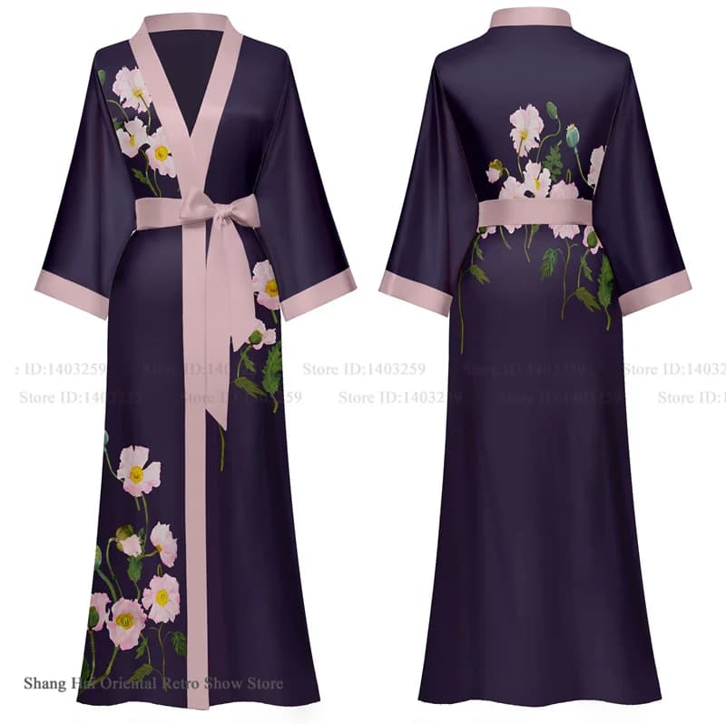 Plus Size Donna Abito lungo Stampa floreale Kimono Accappatoio Abito Sexy Indumenti da notte in seta di ghiaccio Camicia da notte Allentato Casual Abito da casa Pigiama
