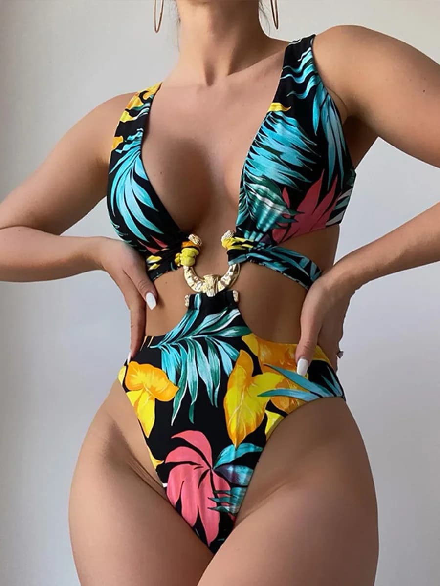 Costume da bagno intero da donna con taglio alto stampato con foglie sexy Costume da bagno intero monokini a vita alta femminile Costume da bagno Swim Lady