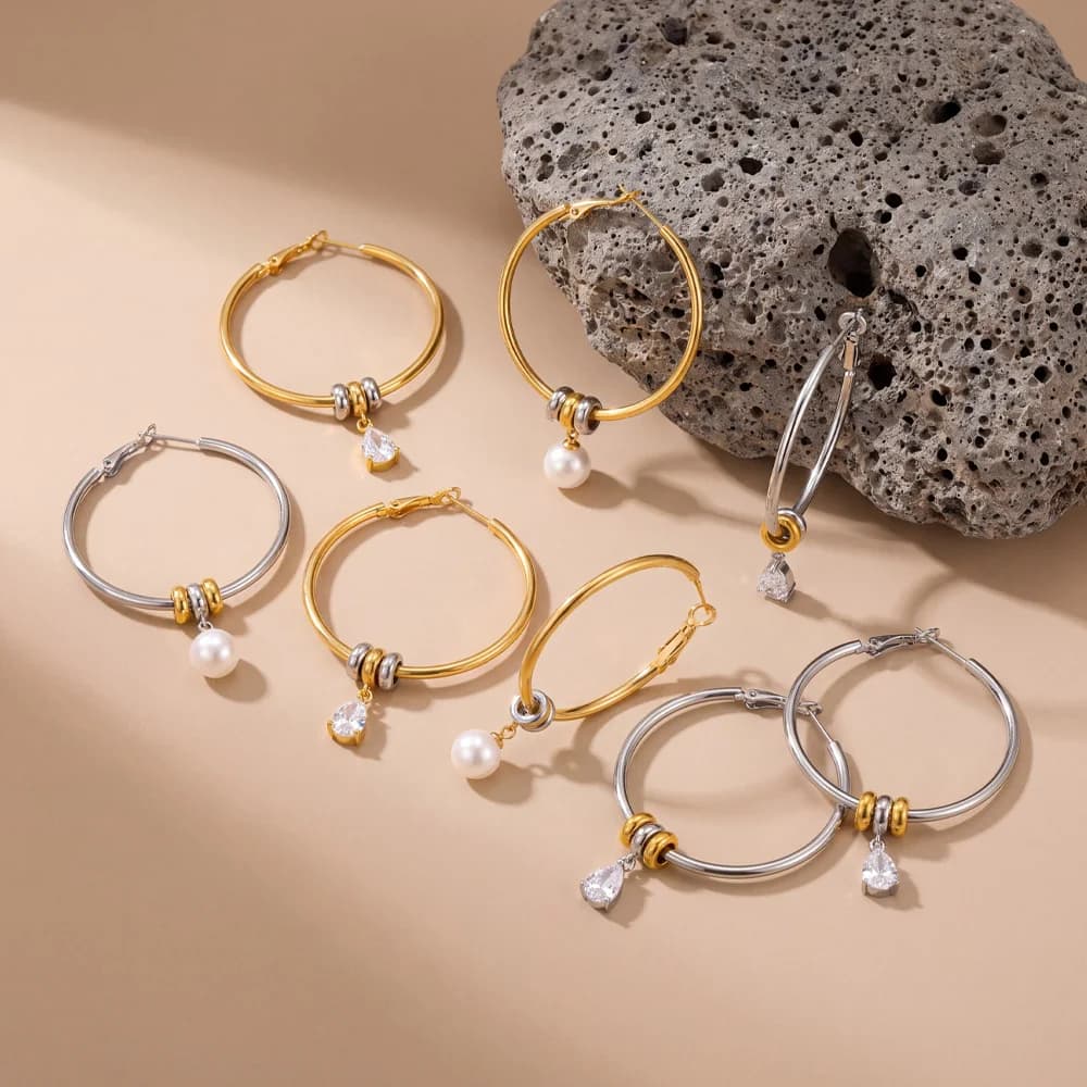 Gold Silver Two Tone Color Big Round Hoop Earrings with Zircon Pearl Pendant Stainless Steel Dangle Earring Jewelry Party Gift