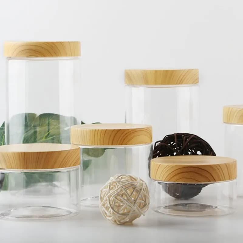 Vaso sigillato con venature del legno imitazione barattolo per alimenti in plastica trasparente frutta secca PET Flower Tea Biscuit Box bottiglie per imballaggio alimentare