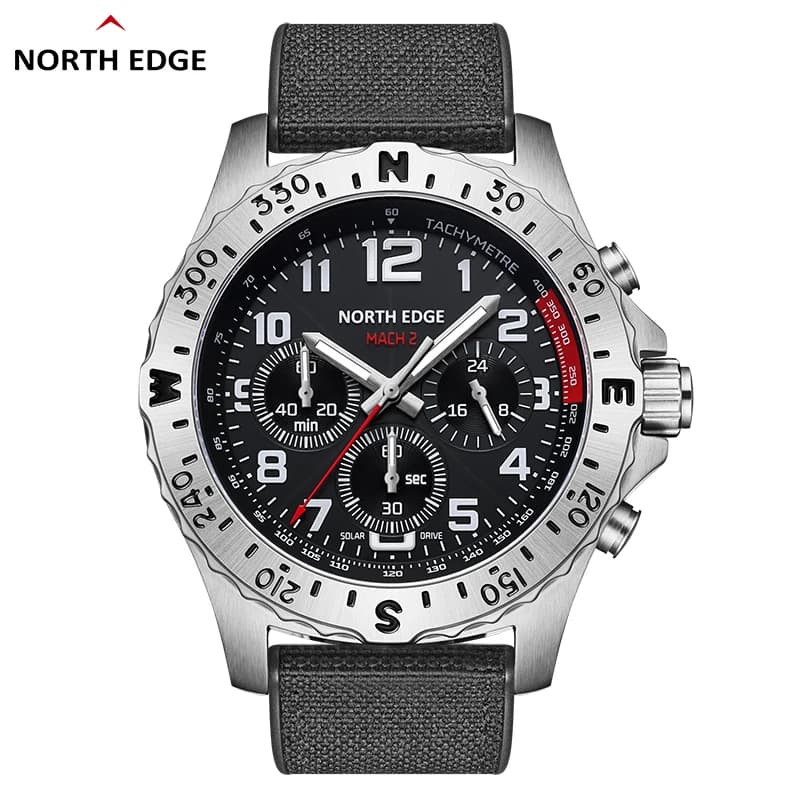 NORTH EDGE MACH 2 Men's Watches Solar Power 316 Stainless Steel Case Quartz Watch For Men Pilot Waterproof 50M 180+ Days Power