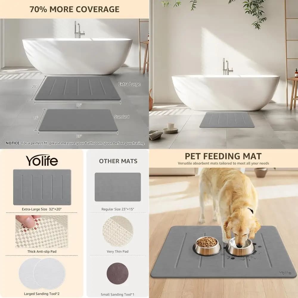 Tappetino da bagno in terra diatomacea grande 32 x 20 cm - Super assorbente, ad asciugatura rapida, antiscivolo, colore grigio scuro