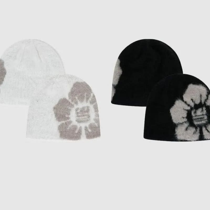 Berretto invernale da donna con stampa floreale, berretto con teschio lavorato a maglia con fiori in bianco e nero, morbido cappello lavorato a maglia caldo, copricapo alla moda per tutti i giorni e