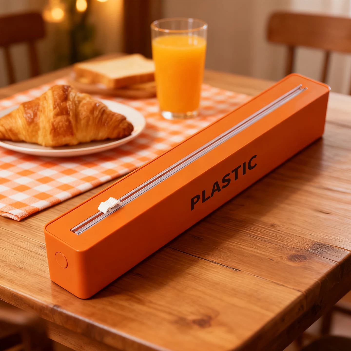 Orange two-way sliding plastic wrap cutter, suitable for plastic wrap/aluminum foil/baking paper/wax paper, kitchen tool.
