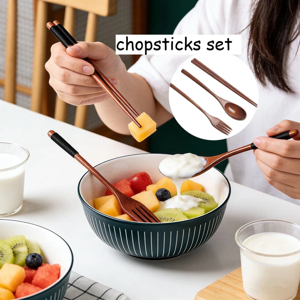 Set di posate portatili in legno naturale - 3 pezzi: cucchiaio, bacchette, forchetta - Kit completo per la tavola di casa e la cucina