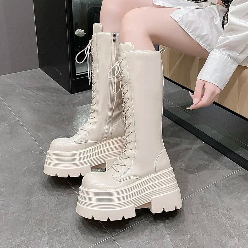 10CM Stivali lunghi romani delle nuove donne Autunno Inverno Scarpe punk in pelle al ginocchio Piattaforma robusta Stivali da cavaliere casual Botas Mujer