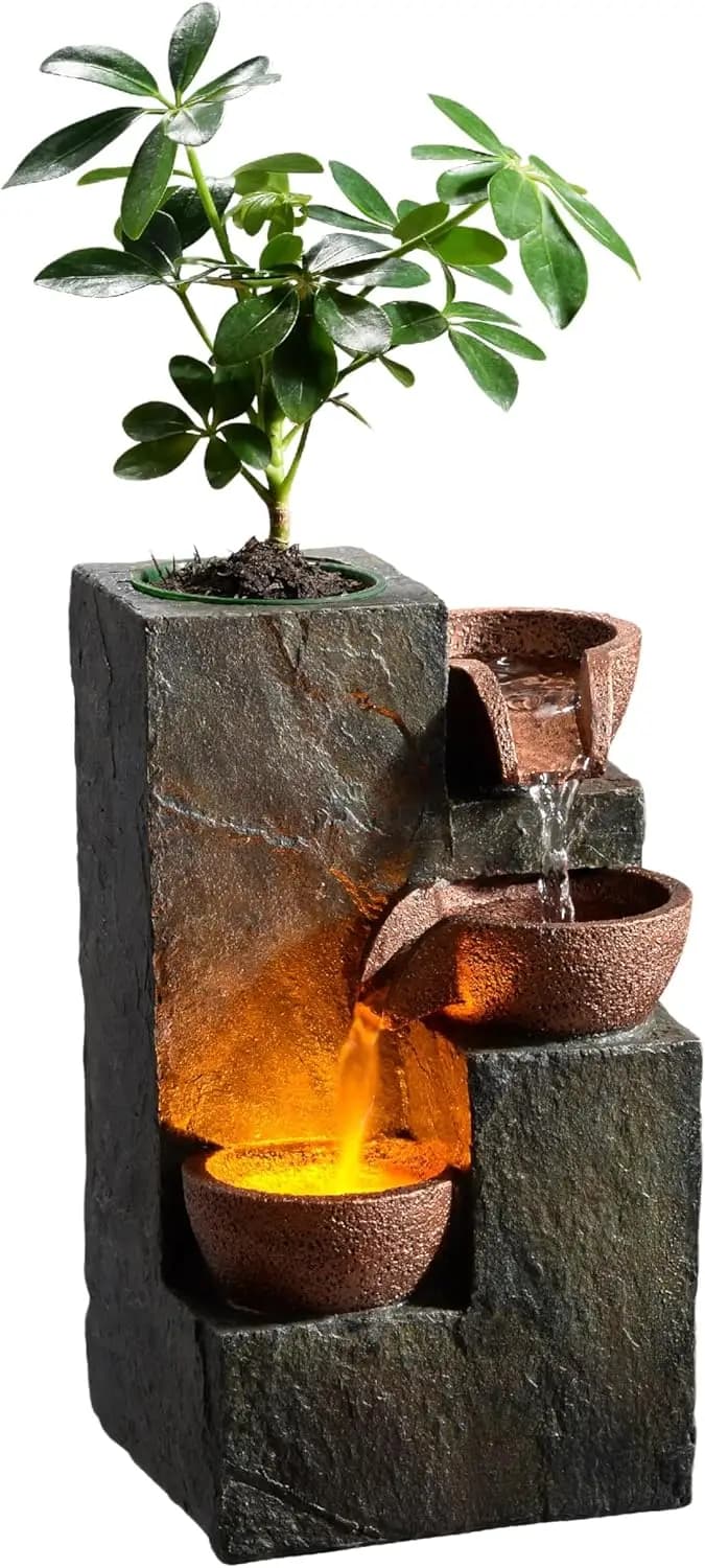 Fontana a Cascata a 3 Livelli con Luce LED Calda e Vaso per Piante Fai-da-Te per Scrivania o Decorazione Casa