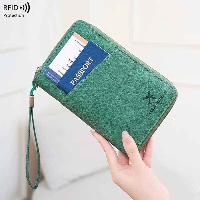 Nuova Borsa Porta Passaporto RFID con Cerniera Lunga, Porta Documenti da Viaggio Multifunzionale