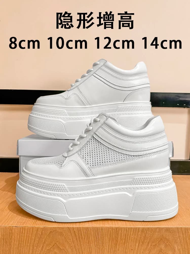 Robust sneakers from 10-14 cm Women's platform shoes Shoes with lifts Breathable gymnastics shoes in white mesh Shoes with genuine leather rise
