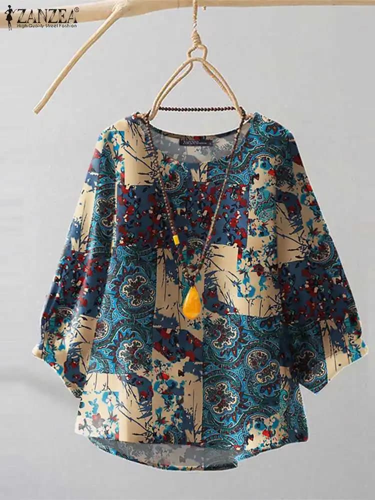 ZANZEA Top da donna in cotone allentato casual Tunica girocollo vintage Camicie con maniche a tre quarti Camicetta grembiule stampata floreale