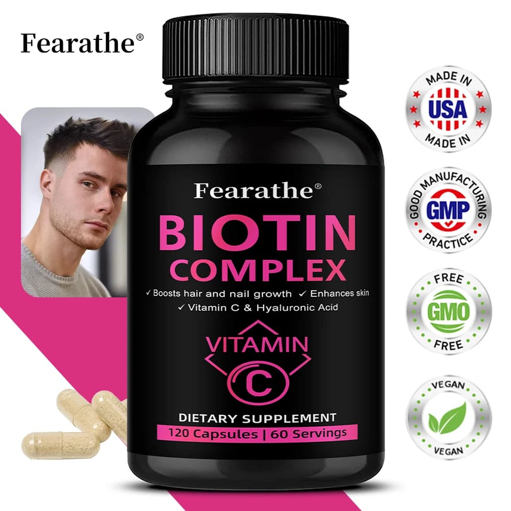 Capsule di Biotina 5000MCG Extra Forte, Complesso con Vitamine, Supporto per Capelli, Unghie e Pelle Sani per Uomini e Donne