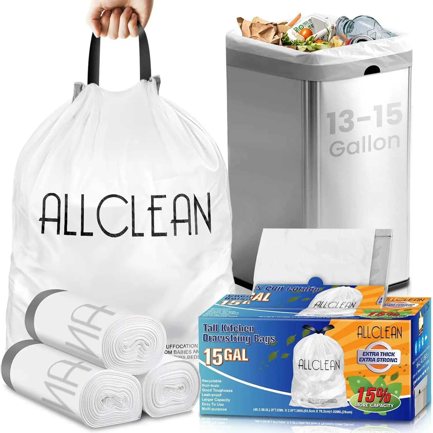 15 Gallon Drawstring Trash Bags, Strong & Leak-Proof, Unscented, Recyclable, Fit 13-15 Gal Bins, 30 Count