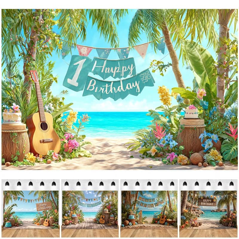 Sfondo Fotografico per Primo Compleanno a Tema Spiaggia Tropicale, con Fiori Tropicali e Ukulele, per Baby Shower e Feste di Compleanno per Bambini