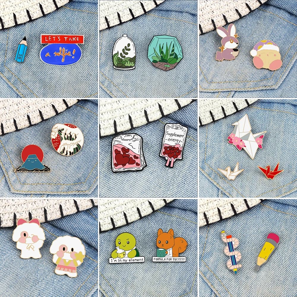 2-3Pcs Brooch Set Romantic Blood Transfusion Bags Enamel Pin Green Plant Funny Origami Paper Crane Fox Turtle Badge Jewelry Gift