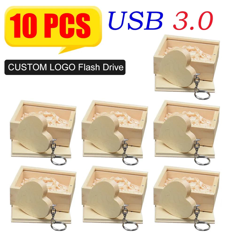 10 pz/lotto Chiavette USB 3.0 in legno a forma di cuore + scatola, 128GB, con logo personalizzabile, 64GB 32GB 16GB 8GB, portachiavi, regalo, pendrive