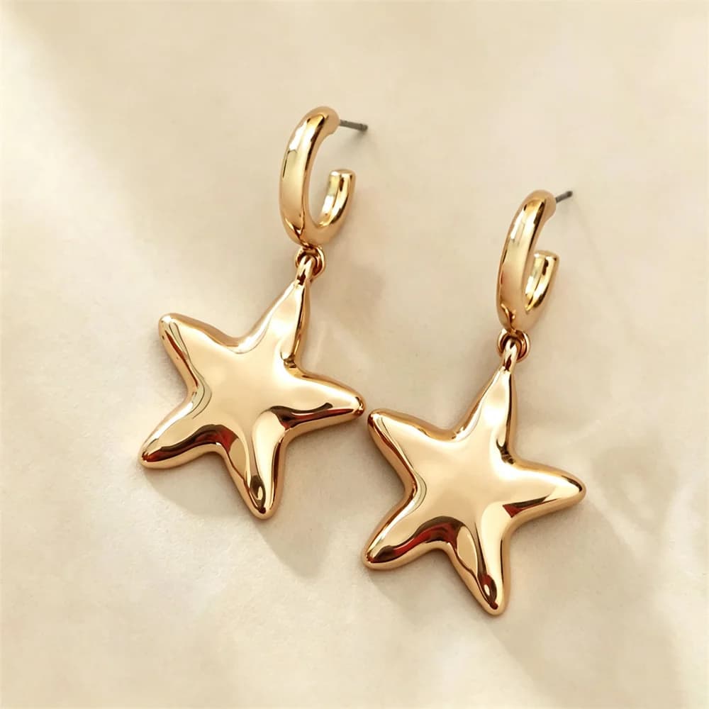 Polished Gold Color Huggie Hoop Dangle Earrings Smooth Starfish Charm Drop Earrings Minimalist Ocean Beach Statement Jewelry