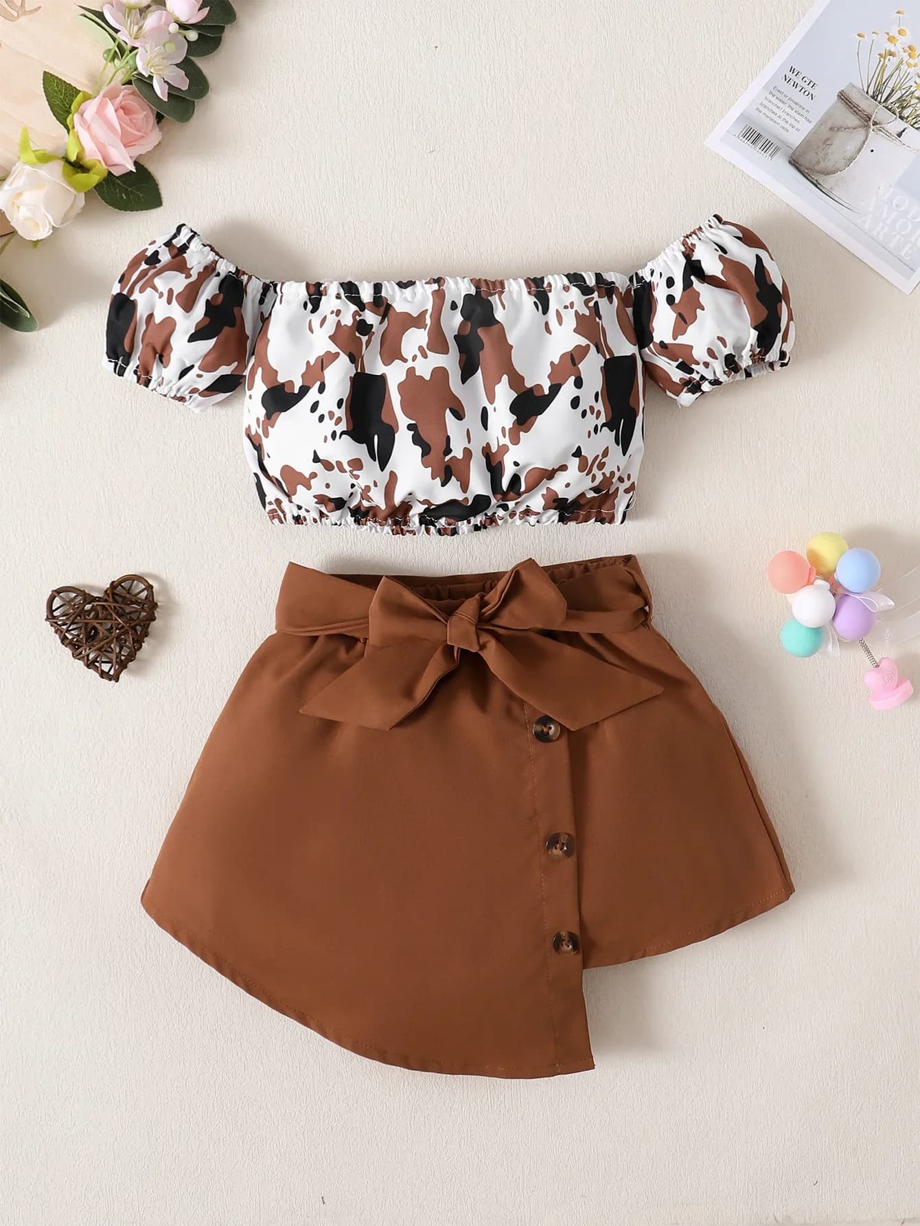 2 pezzi vestiti estivi per bambina per bambini set top con stampa leopardata con spalle scoperte + gonna corta con fiocco abiti da festa di compleanno per bambini 1-4 anni