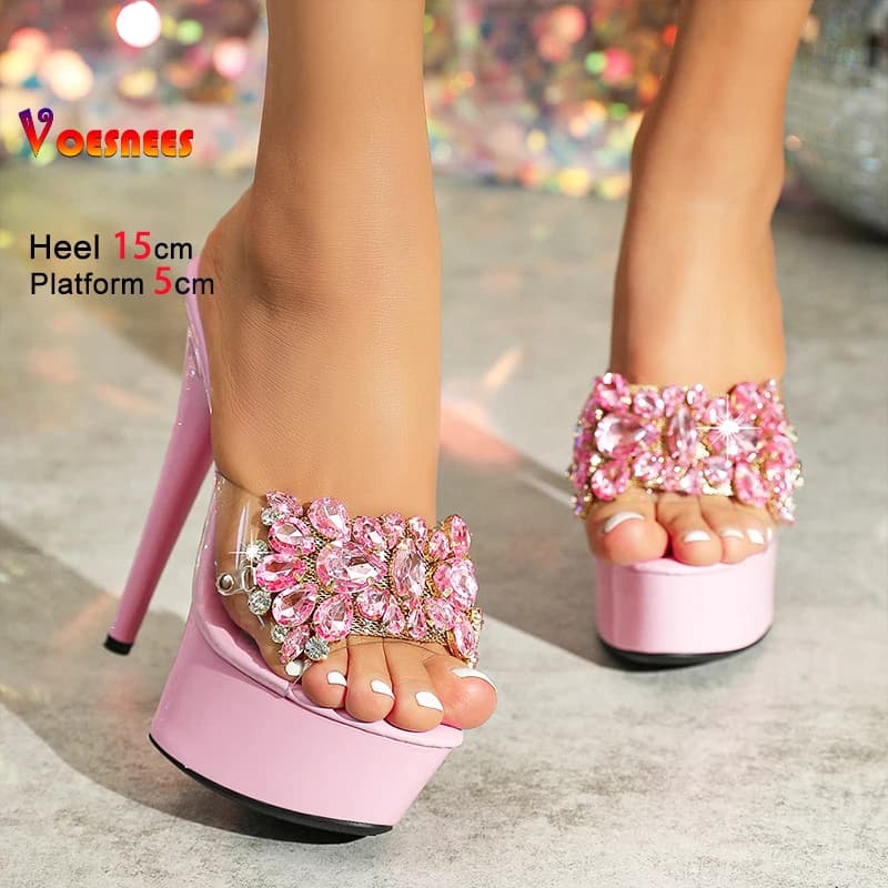 Women's luxury rhinestones with plateau high heels 15 cm model catwalk women's sandals slides summer shoes transparent