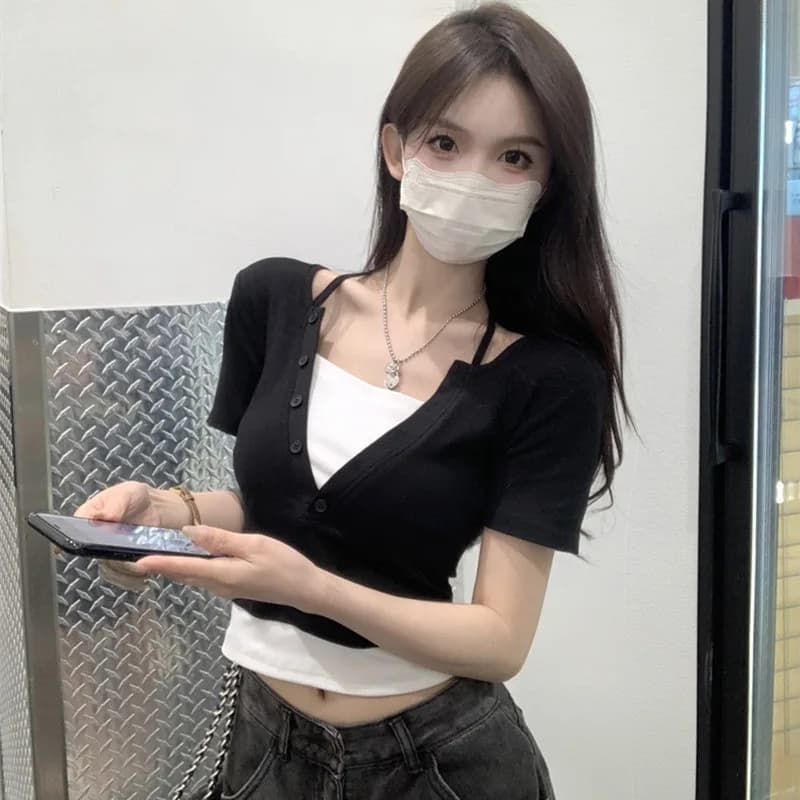Spicy Girl Neck Hanging Fake Two-Piece Short Sleeve T-Shirt Women's Summer Design Unique Slim Fit Short Style Top Trendy