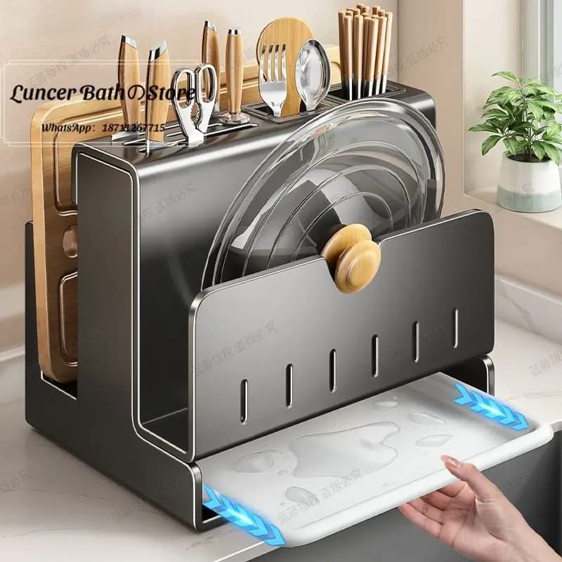 No Drilling Kitchen Counter Storage Rack, Multifunctional Organizer for Knife, Chopstick, Lid, Cutting Board, Home Use