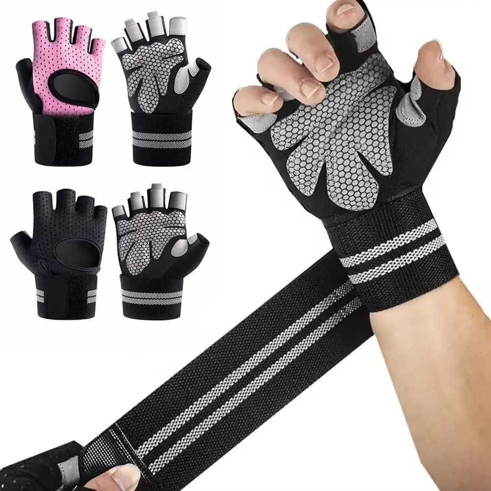 Guanti da allenamento mezze dita traspiranti e resistenti all'usura da uomo, protezioni per il palmo con fascia da polso, guanti da ciclismo