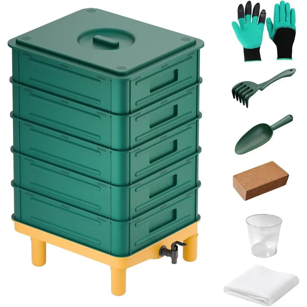 Composter a 5 Livelli da 85L per Uso Interno ed Esterno - Kit di Avvio per Vermicompostaggio per il Riciclo dei Rifiuti Alimentari