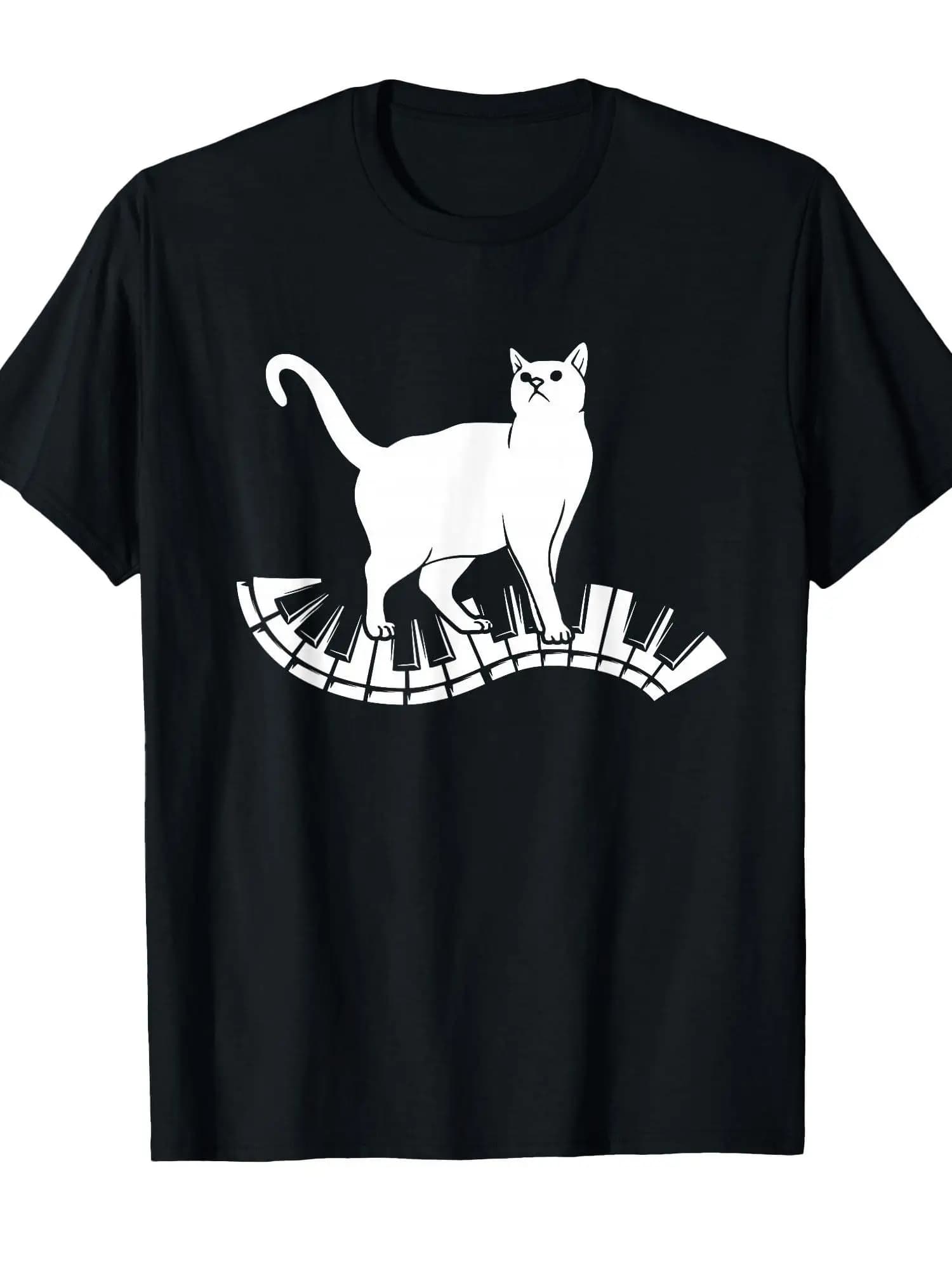 Divertente maglietta per amanti della musica con motivo gatto e pianoforte - Top unisex in morbido cotone con design con tasti di pianoforte e impronte di zampe di gatto