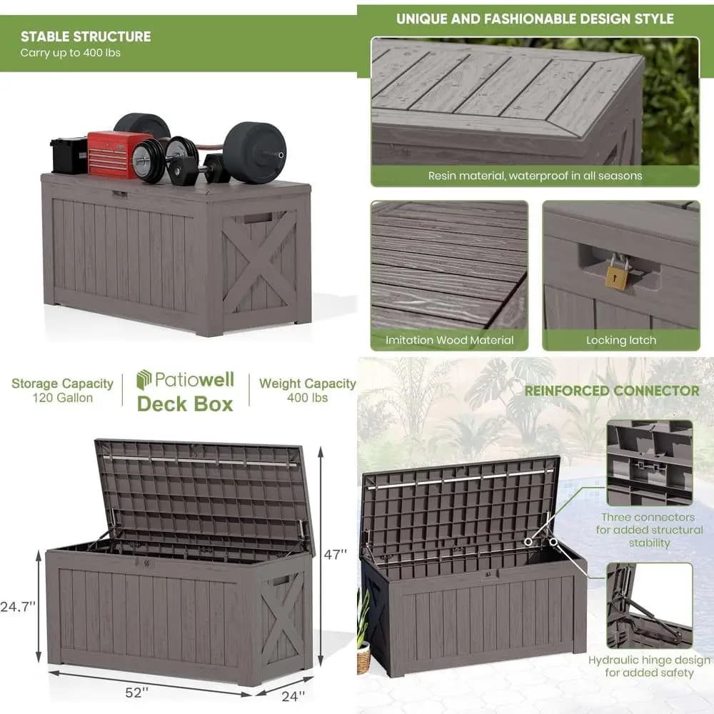120 Gallon waterproof outdoor storage box with lock, ideal for garden tools and garden furniture, brown
